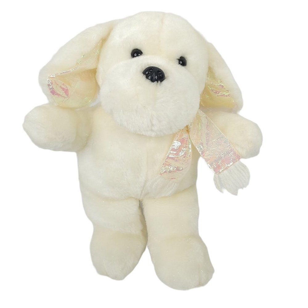 White Puppy Dog Plush Pink Crinkly Iridescent Ears Scarf 14" Stuffed Animal Toy